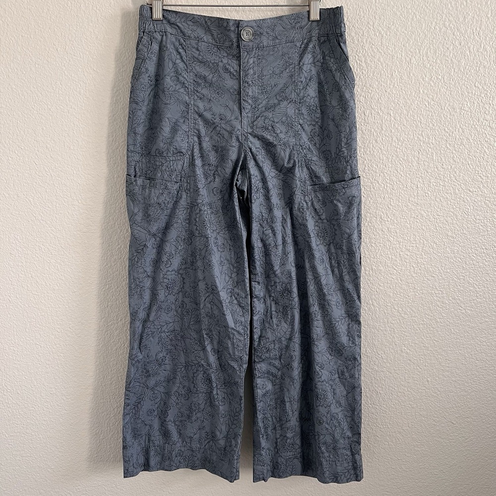 Democracy Blue Floral Wide Leg Cargo Pants Boho Flowy Casual Lounge Lightweight